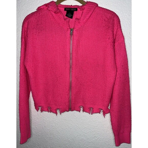 Trendy Threads Distressed Cropped Knitted Sweater Women Size Large Neon Pink - Picture 1 of 6